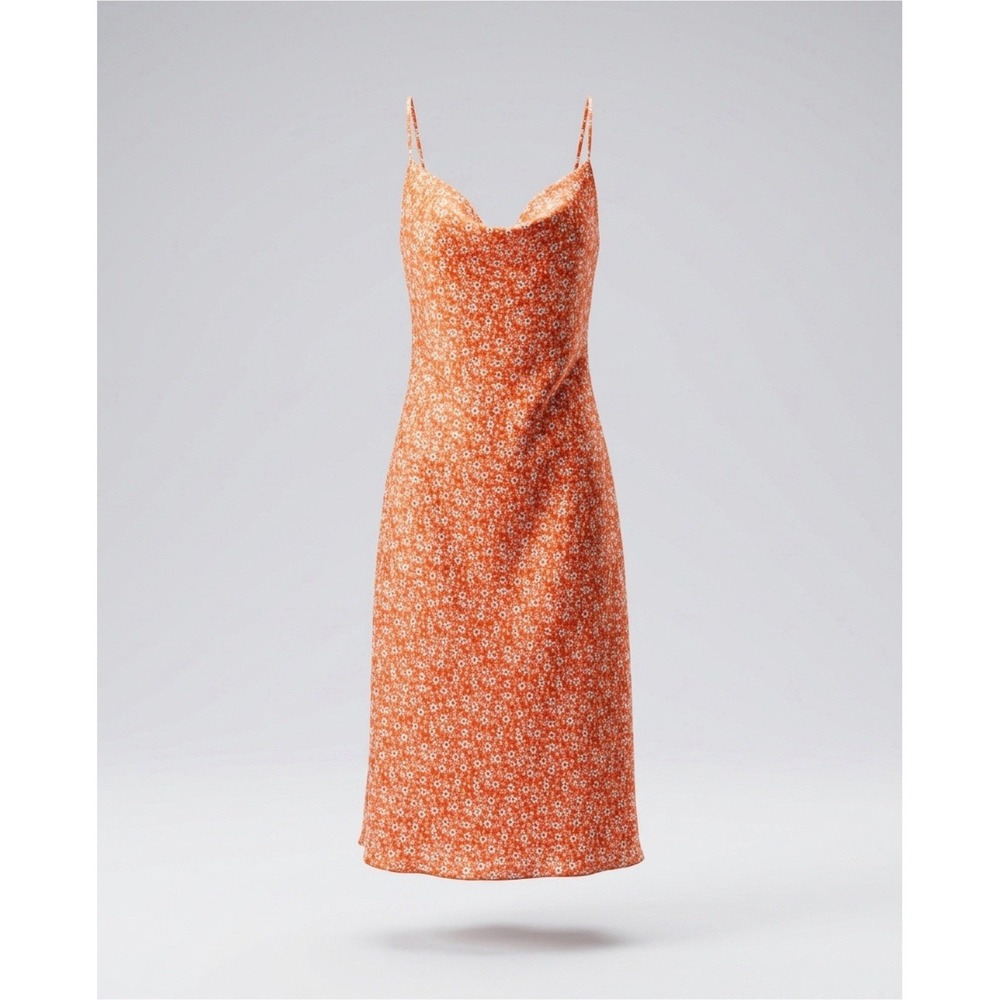 Bebe Midi Dress Womens XL Orange Ditsy Floral  Cowl Neck Slip Adjustable Straps